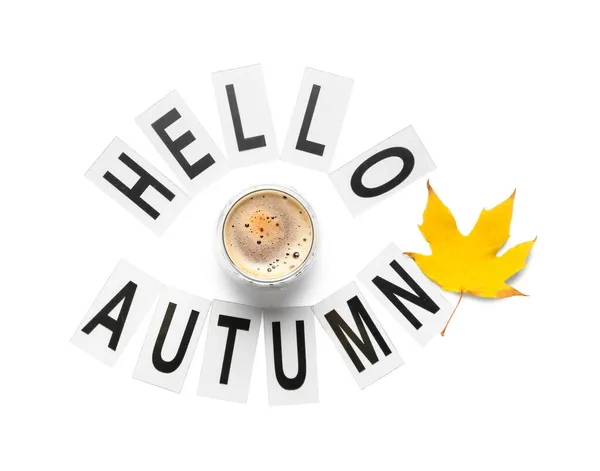 Kopje Koffie Tekst Hello Autumn Witte Achtergrond — Stockfoto