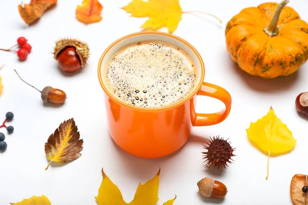 Composition Cup Coffee Pumpkin Autumn Leaves White Background — Stock Photo, Image
