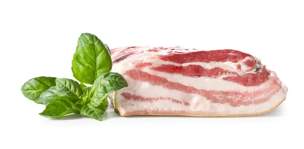 Uncooked Bacon Basil White Background — Stock Photo, Image