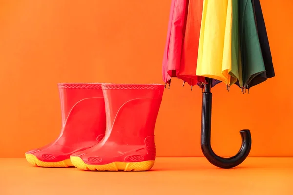 Rubber Boots Umbrella Color Background Closeup — Stock Photo, Image