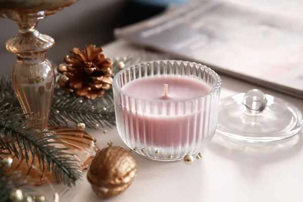 Aroma Candle Christmas Decor Table Room — Stock Photo, Image