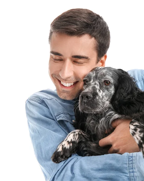Glücklicher Junger Mann Mit Niedlichem Hund Auf Weißem Hintergrund — Stockfoto