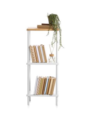 Beyaz arka planda ev bitkisi ve sazlık dağıtıcı ile modern kitaplık