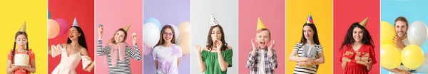Grupp Människor Som Firar Födelsedag Färg Bakgrund — Stockfoto