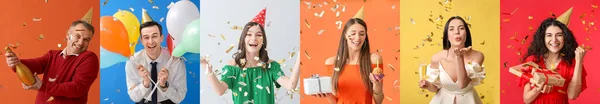 Gruppe Von Menschen Feiert Geburtstag Auf Farbigem Hintergrund — Stockfoto