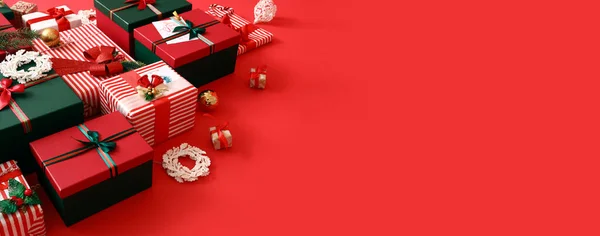 Viele Weihnachtsgeschenke Auf Farbigem Hintergrund Mit Platz Für Text — Stockfoto