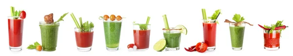 Bril Van Verschillende Bloody Mary Cocktails Witte Achtergrond — Stockfoto