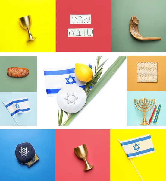 Verschiedene Symbole Der Jüdischen Religion Auf Farbigem Hintergrund — Stockfoto