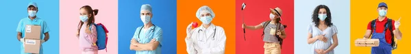 Skupina Lidí Lékařských Maskách Barevném Pozadí Ochranná Opatření Proti Koronaviru — Stock fotografie