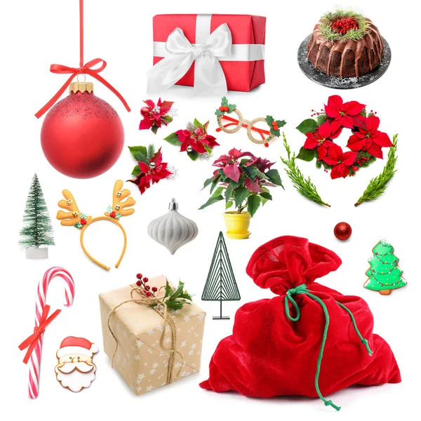 Collage Navidad Con Bolsa Santa Sobre Fondo Blanco —  Fotos de Stock