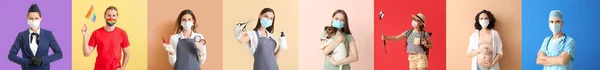 Renkli Arka Planda Tıbbi Maske Takan Bir Grup Insan Coronavirus — Stok fotoğraf