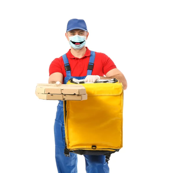 Courier Wearing Medical Mask Drawn Smile White Background — Stock Photo, Image