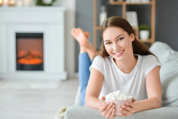 Beautiful Young Woman Cup Hot Cacao Drink Home — Stock Photo, Image