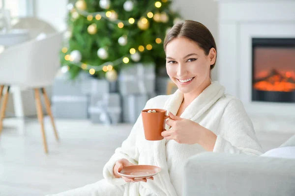 Beautiful Young Woman Cup Hot Cacao Drink Home Christmas Eve — Stock Photo, Image