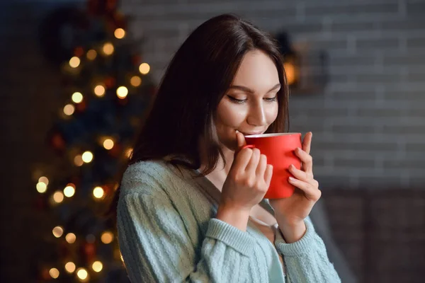 Beautiful Young Woman Cup Hot Cacao Drink Home Christmas Eve — Stock Photo, Image