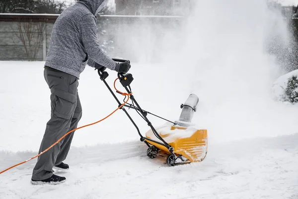 Man Machine Removing Snow Yard — Stock Photo, Image