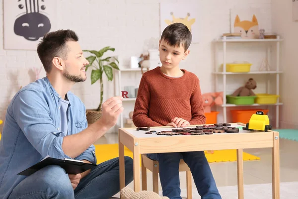 Male Psychologist Working Little Boy Office Autism Concept — Stock Photo, Image