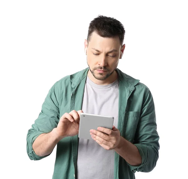 Man Tablet Computer Earphones White Background — Stock Photo, Image