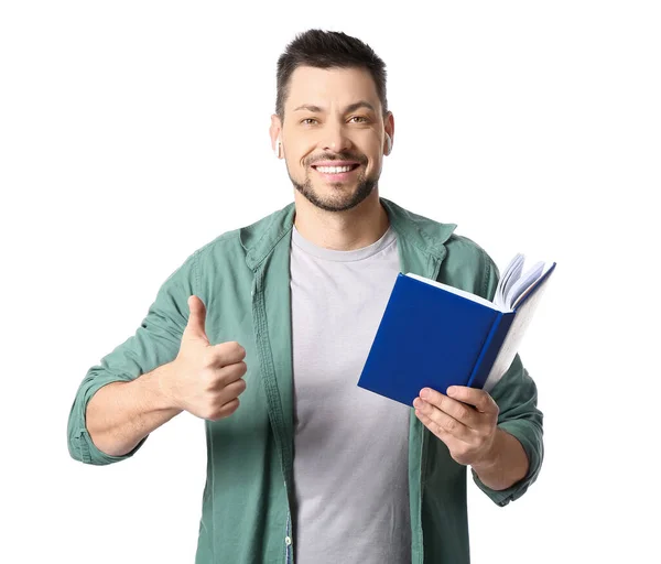 Man Earphones Book Showing Thumb White Background — Stock Photo, Image