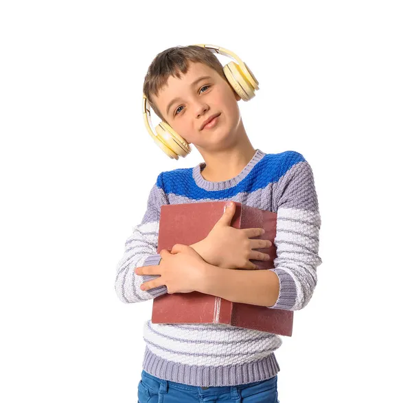 Little Boy Book Headphones White Background — Stock Photo, Image