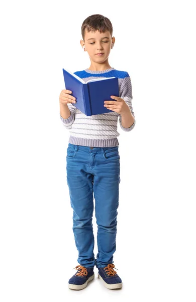 Kleine Jongen Met Boek Oortjes Witte Achtergrond — Stockfoto