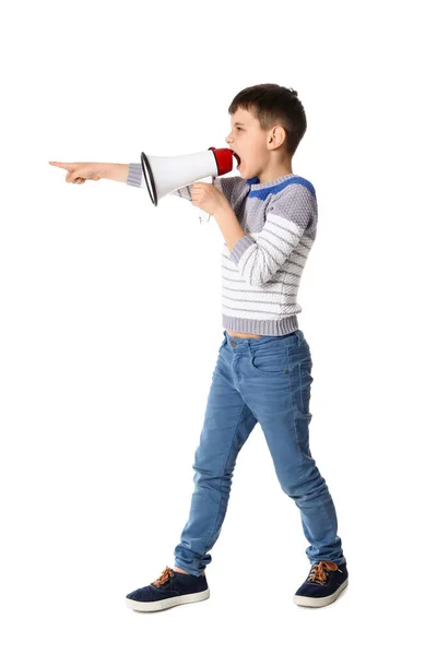 Protestant Petit Garçon Avec Mégaphone Sur Fond Blanc — Photo