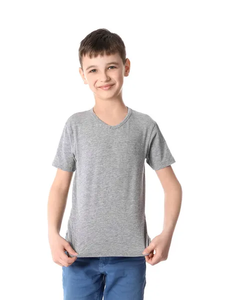 Pequeño Niño Con Elegante Camiseta Sobre Fondo Blanco — Foto de Stock