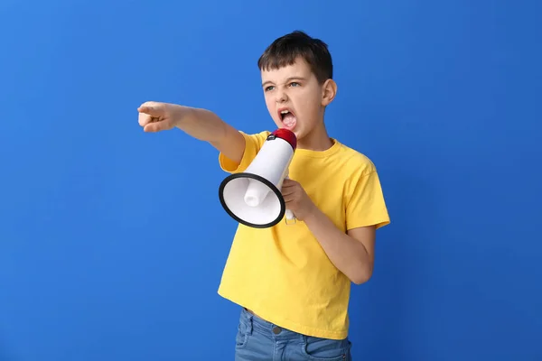 Protesting Little Boy Megaphone Color Background — Stock Photo, Image