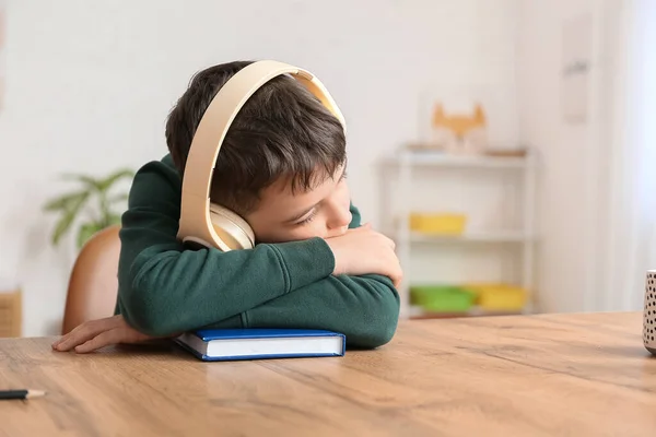 Little Boy Book Headphones Sleeping Table — Stock Photo, Image