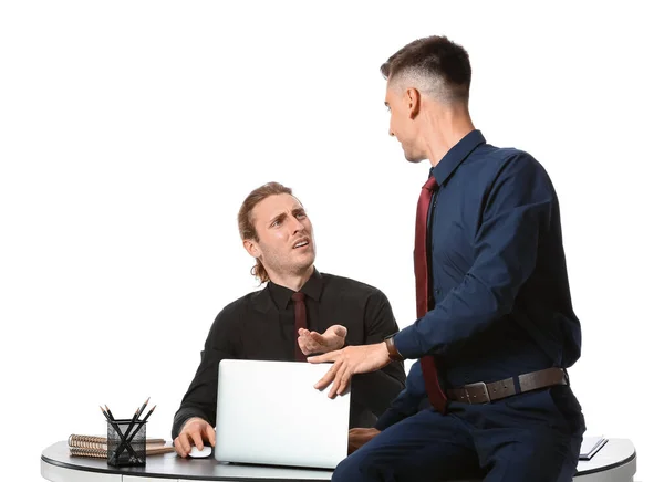 Hombre Acosando Colega Masculino Sobre Fondo Blanco — Foto de Stock