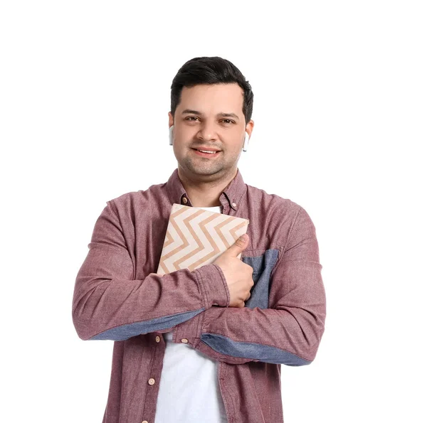 Young Man Book Earphones White Background — Stock Photo, Image