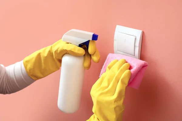 Woman Cleaning Switch Pink Wall Closeup — Stock Photo, Image