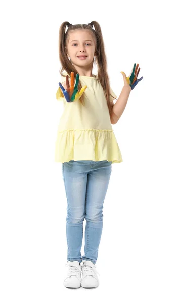 Kleines Mädchen Mit Händen Farbe Auf Weißem Hintergrund — Stockfoto