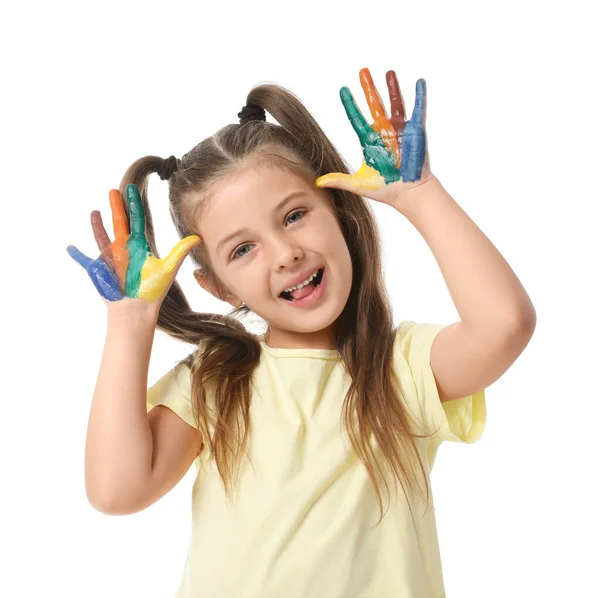 Playful Little Girl Hands Paint White Background — Stock Photo, Image