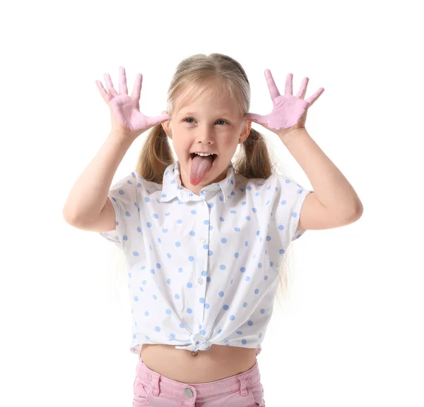 Little Girl Hands Pink Paint Grimacing White Background — Stock Photo, Image