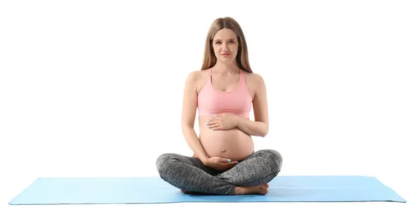 Jonge Zwangere Vrouw Doet Yoga Witte Achtergrond — Stockfoto