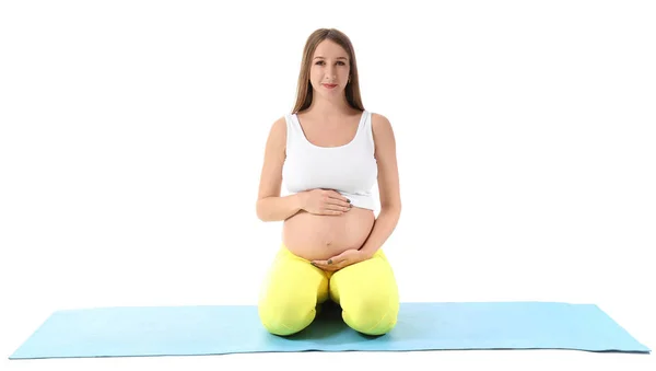 Молодая Беременная Женщина Занимается Йогой Белом Фоне — стоковое фото