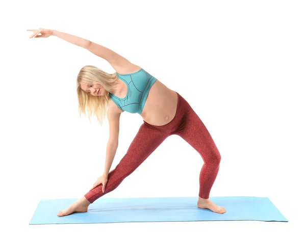 Junge Schwangere Frau Macht Yoga Auf Weißem Hintergrund — Stockfoto
