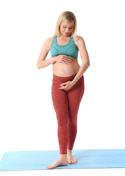 Young Pregnant Woman Doing Yoga White Background — Stock Photo, Image