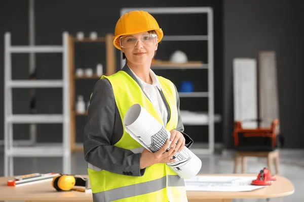 Female Construction Worker House Plan Office — Stock Photo, Image