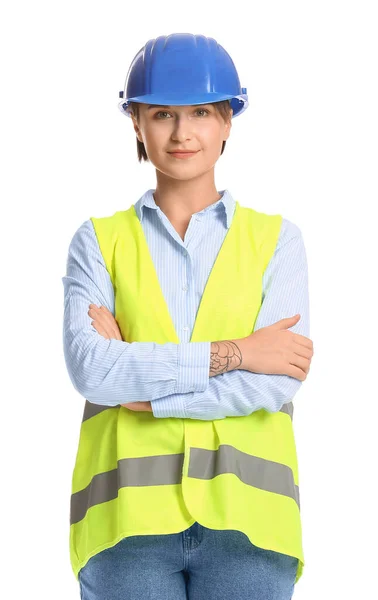 身穿白色背景硬礼帽的女建筑工人 — 图库照片