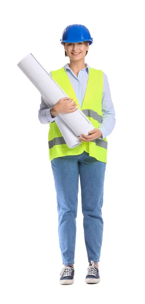 Bauarbeiterin Harthut Mit Papierrollen Auf Weißem Hintergrund — Stockfoto