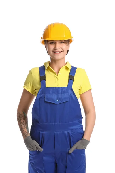 Vrouwelijke Bouwvakker Uniform Witte Achtergrond — Stockfoto