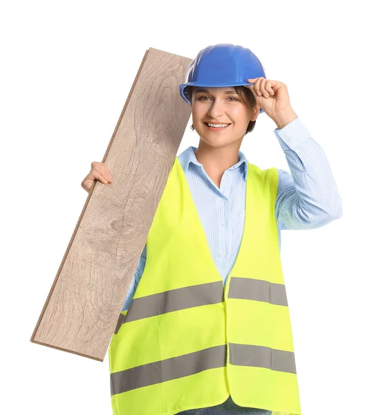 Kobieta Budowlaniec Drewnianą Deską Białym Tle — Zdjęcie stockowe