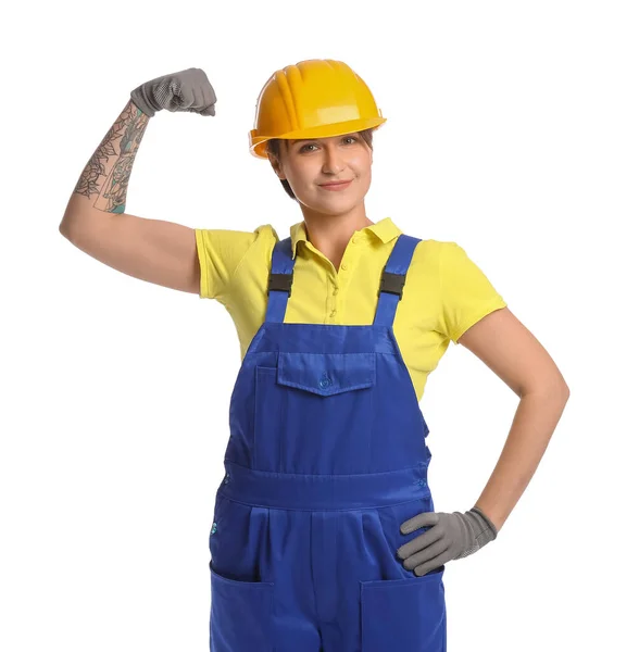 身穿白底制服的女建筑工人 — 图库照片
