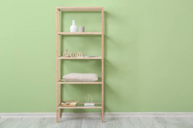 Renk duvarına yakın dekorlu şık raf ünitesi