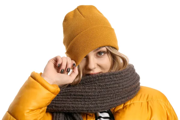 Mujer Joven Tirando Gorro Sombrero Sobre Fondo Blanco —  Fotos de Stock