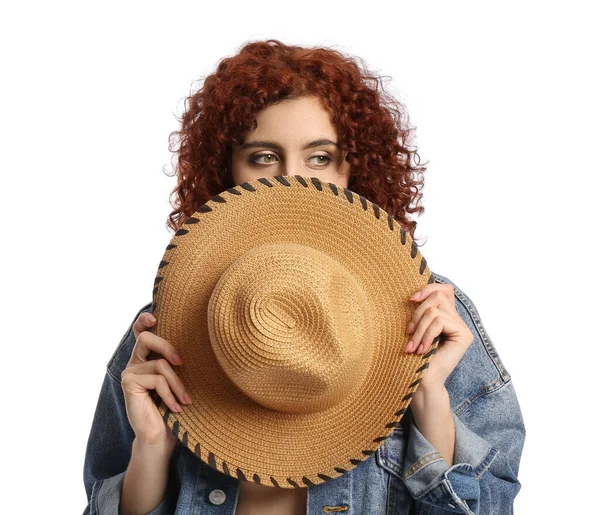 Pretty Woman Curly Hair Holding Wicker Hat White Background — Stock Photo, Image