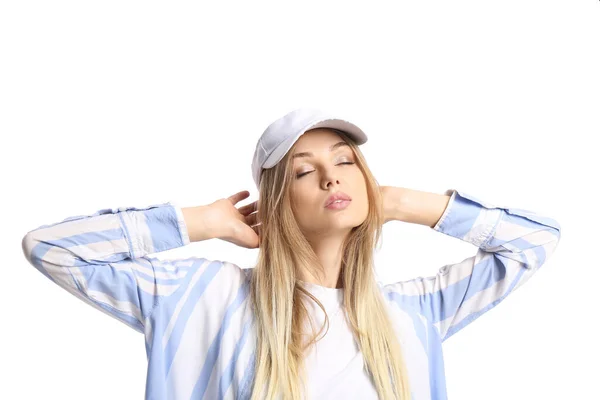 Young Woman Closed Eyes Wearing Visor Hat Touching Her Head — Stock Photo, Image