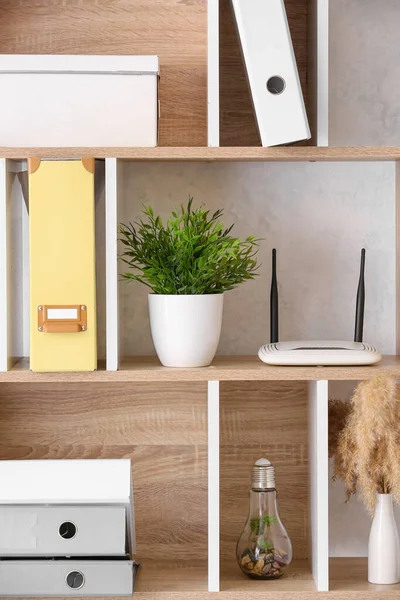 Modern Router Folders Houseplant Shelf Light Wall — Stock Photo, Image